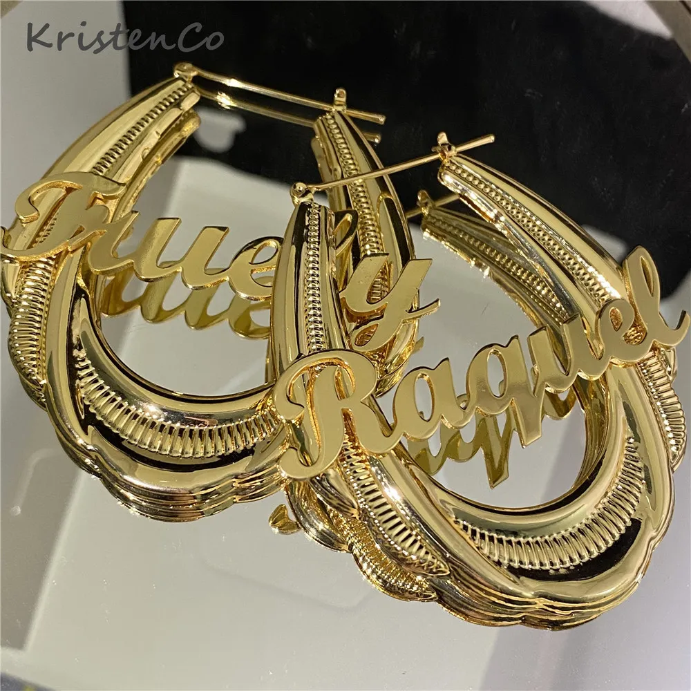 Hoop Huggie KristenCo 65mm Stainless Steel Bamboo Earrings Customized Name Style Custom for Women Gift 230814