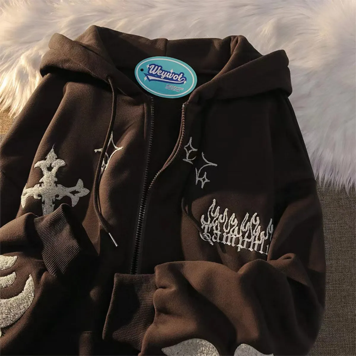 Y2K Zipper Zip Up Hoodie Oversized With Cross Embroidery For