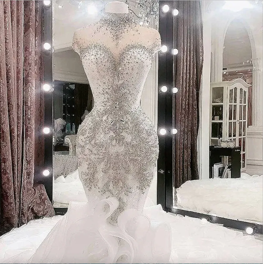 2023 Plus Size Arabic Aso Ebi Luxurious Beaded Crystals Wedding Dresses High Neck Mermaid Bridal Dresses Sheer Neck Wedding Gowns