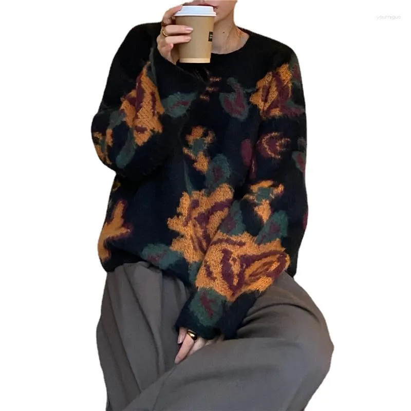 女性のセーター女性ファッションフラワープリントビンテージセーター秋の長袖O首ソフトモヘアニットプルオーバートップトップルーズカジュアル厚