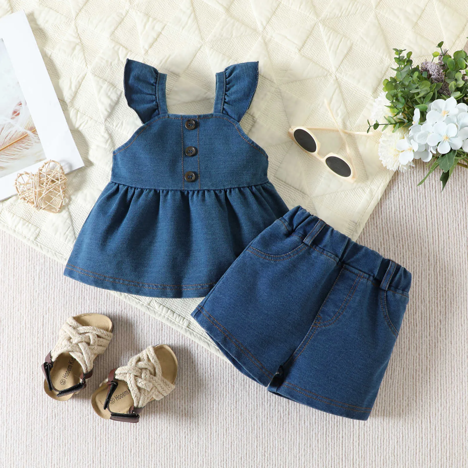 Ensembles de vêtements 2023-05-11 0-24 mois bébé nouveau-né bébé fille 2 pièces vêtements d'été épaule dénudée short bleu uni robe haut pantalon en denim