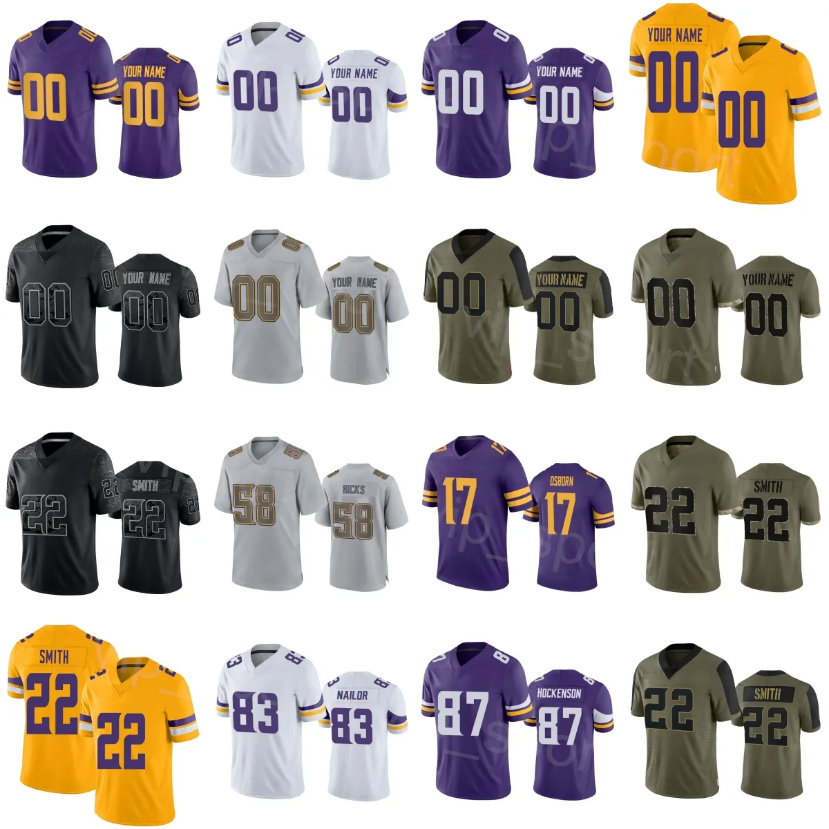 Équipe football 22 Harrison Smith Jersey 24 Camryn Bynum 83 Jalen Nailor 17 KJ Osborn 87 TJ Hockenson 58 Hicks 8 Kirk Cousins ​​Purple blanc noir cousu sur les hommes pour enfants