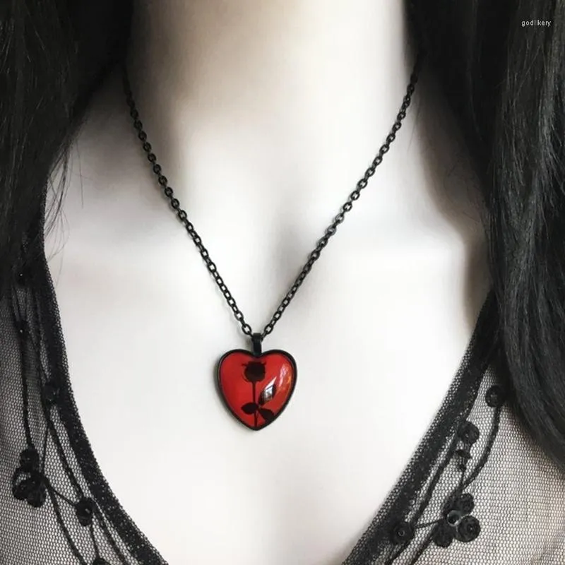 Chains F19D Cabochon Heart Gem Pendant Necklace With Black Rose Pattern Fashion Charm Choker Chain Valentines Day Jewelry Gift