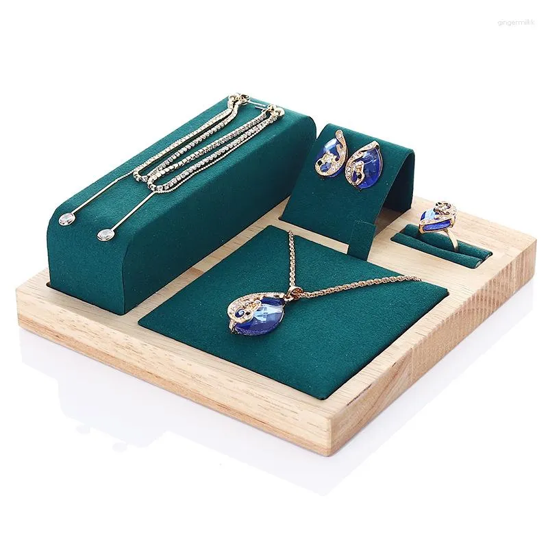 Jewelry Pouches Natural Bamboo Wood Display Tray Set Storage Organizer Earrings Necklace Bracelet Counter Props