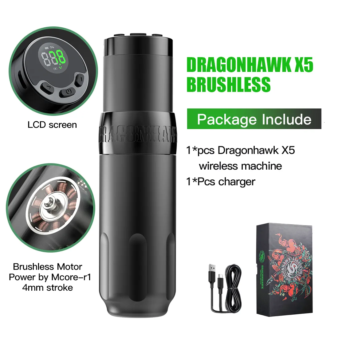 Tattoo Machine Dragonhawk X5 40mm Wireless LED Display Rotary Brushless Motor Pen Battery Body Art Permanent Makeup Gun 230814