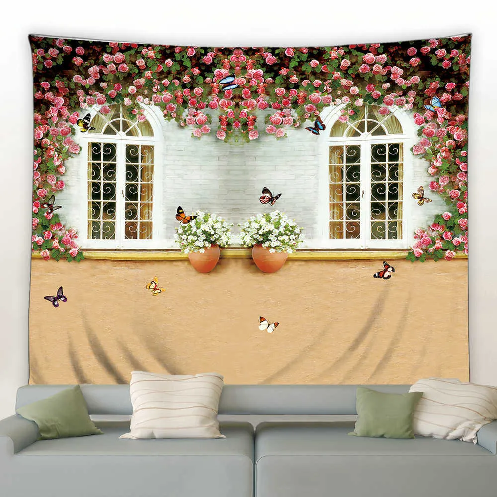 Tapestries Pink Flowers Green Plants Landscape Garden Background Decor Tapestry Rural Mural Wall Hanging Curtain Bedroom Blanket