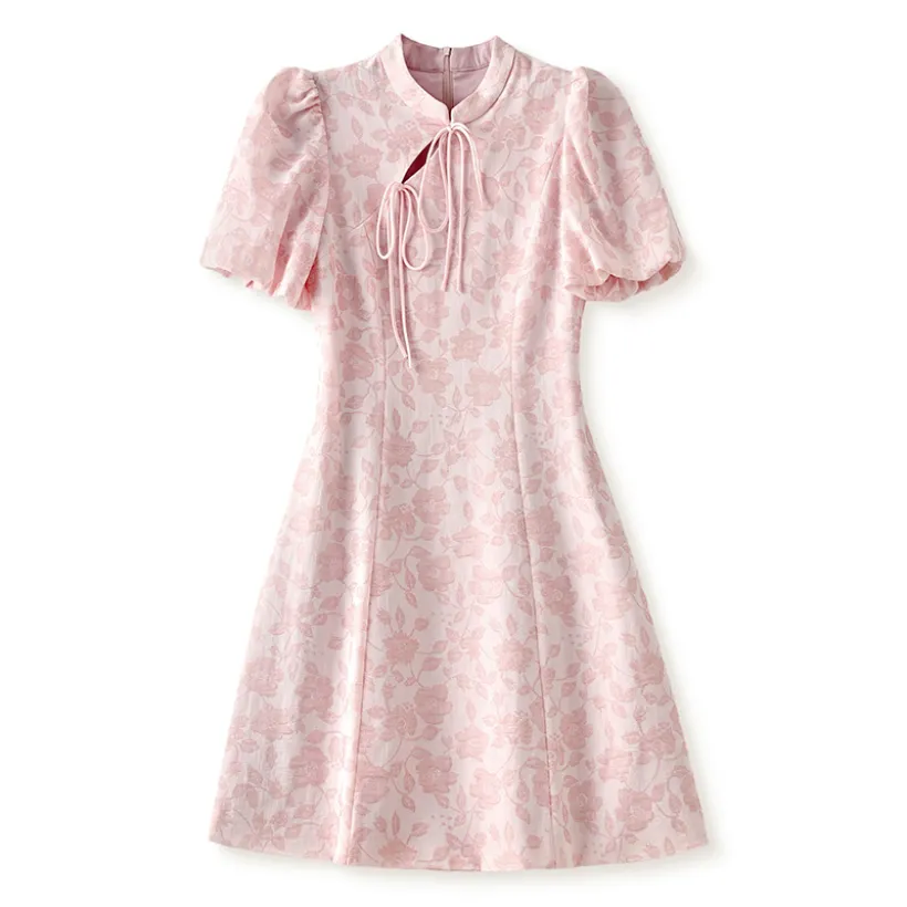 2023 Summer Pink Floral Print Dress Short Sleeve Stand Collar Knee-Length Casual Dresses W3L043203
