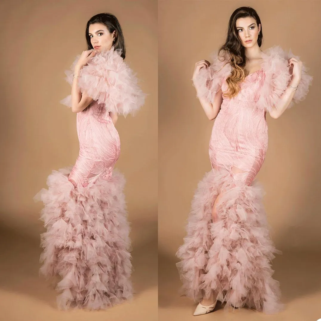 Pink Tulle Meerjungfrau Abendkleider elegant gegen Nackenabschlusskleid Illusion Tiere Rüschen Knöchellänge formelle Partykleider