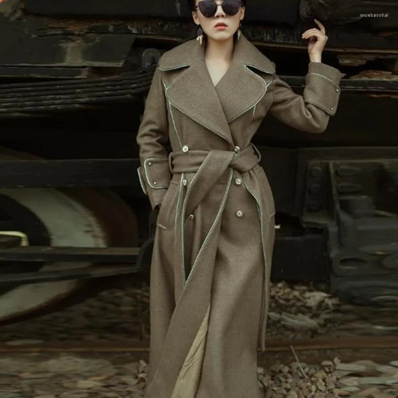 Women's Trench Coats Spring 2023 Fashion X-long Coat Women Silver Thread Double Breasted High Waist Slim Outwear Large Size