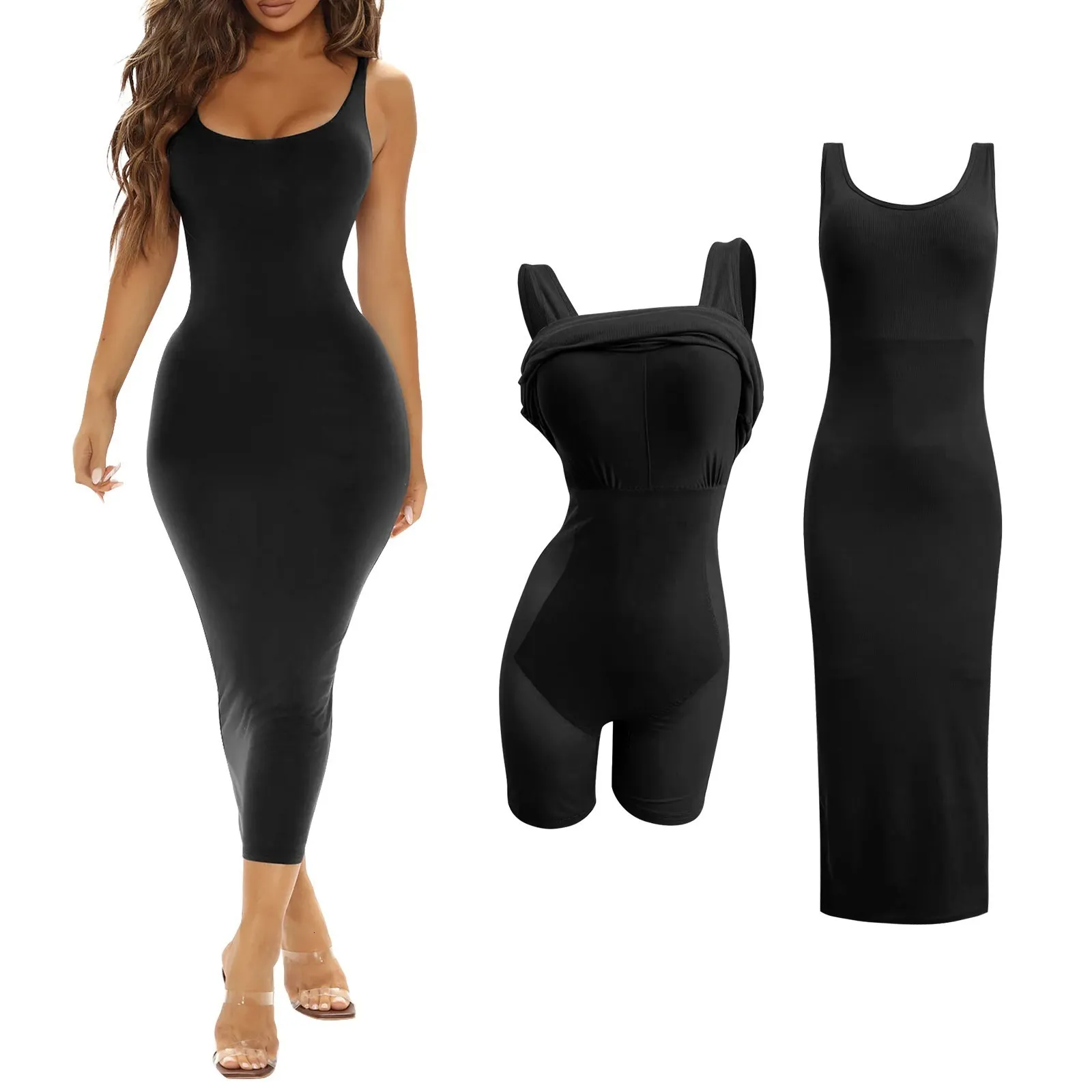 Grundläggande casual klänningar solid fyrkantig halsband lång klänning body shaper bodycon bodysuit formewear 2 i 1 klänningar sexig kvällsfest elegant vestido mantel 230814