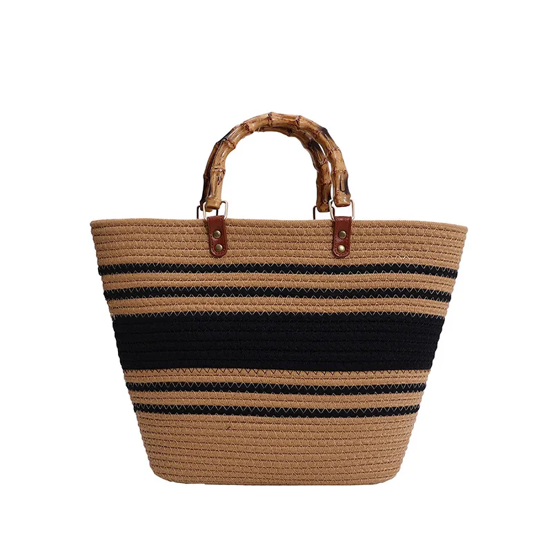 Commuter Bag New High Capacity Striped Tote Bag Spliced Bamboo Knot Handbag Fashion Cotton Thread Woven Bag