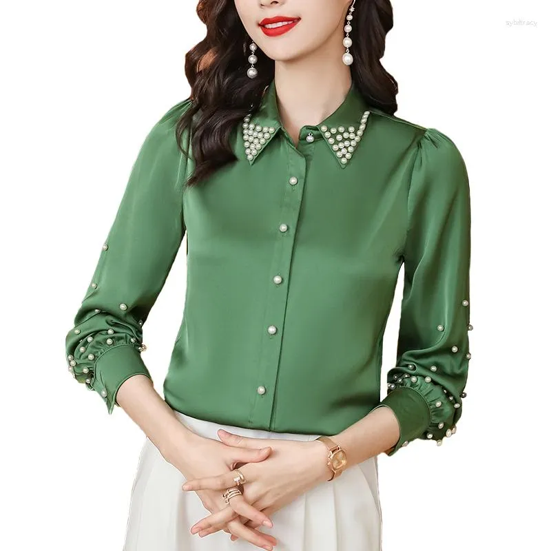 Women's Blouses High End Beading Design Chiffon Shirt Women 2023 Spring Temperament Formal Long Sleeve Office Ladies Work Tops