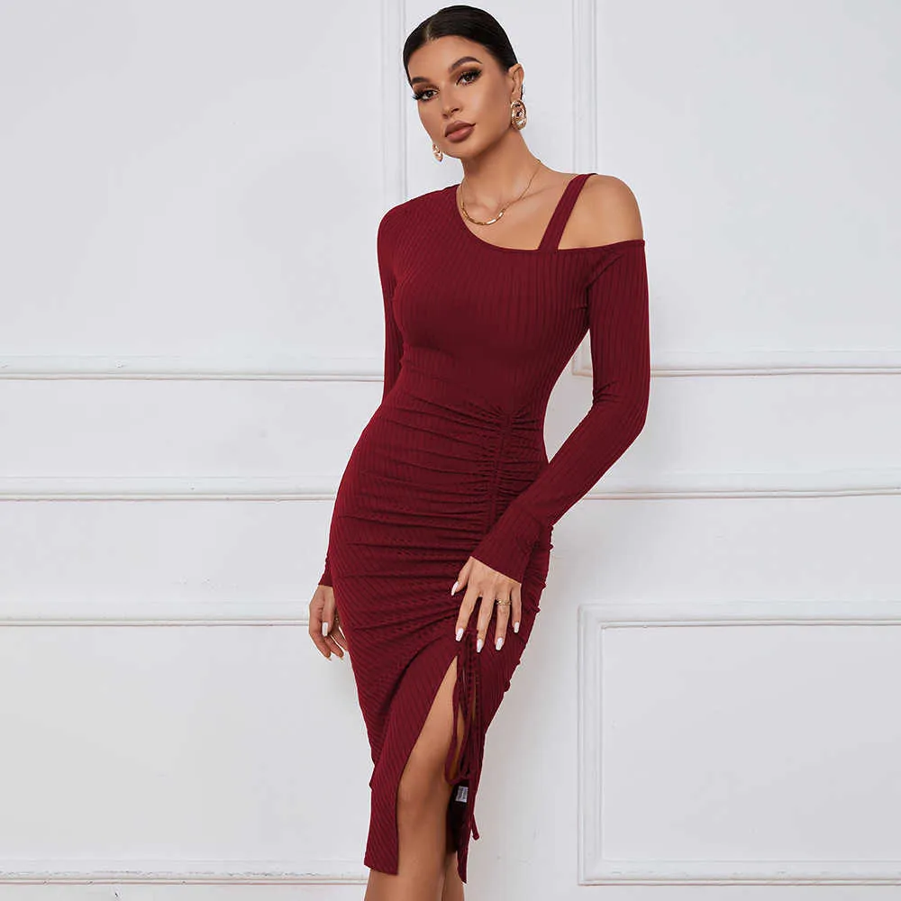 2023 Women's Dress Split Off Shoulder Autumn Winter Wrap Hip Long Sleeve Fashion Dress