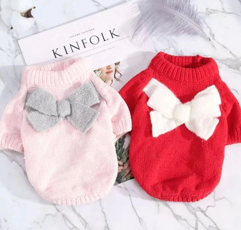 Dog Apparel Winter Soft Warm Cat Knitted Sweater Clothes Puppy Thick With Big Bow Design Hoodie