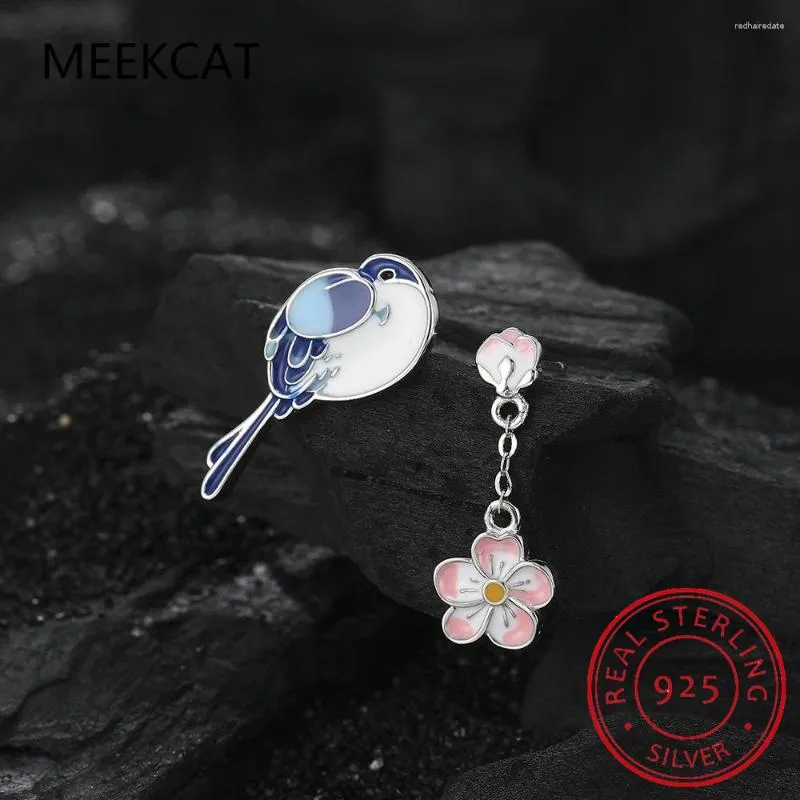 Stud Earrings Silver Enamel Bird And Flower Plant 925 Sterling Asymmetric Earring Pendientes Gift For Women Fine Jewelry SCE1083