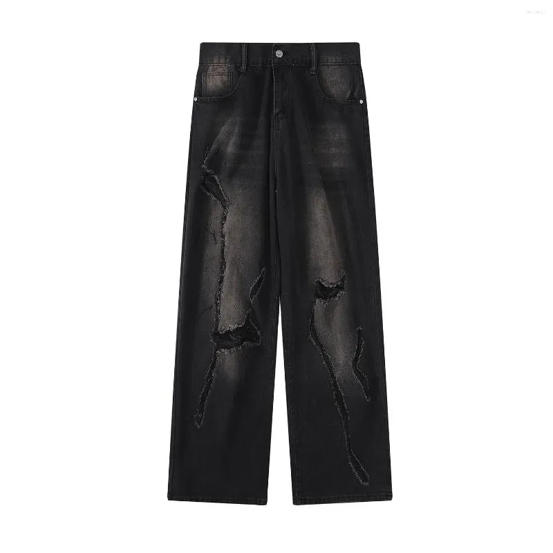 Jeans masculinos Buraco negro rasgado a perna larga Harajuku Design de corte irregular grande para as calças casuais masculinas e femininas