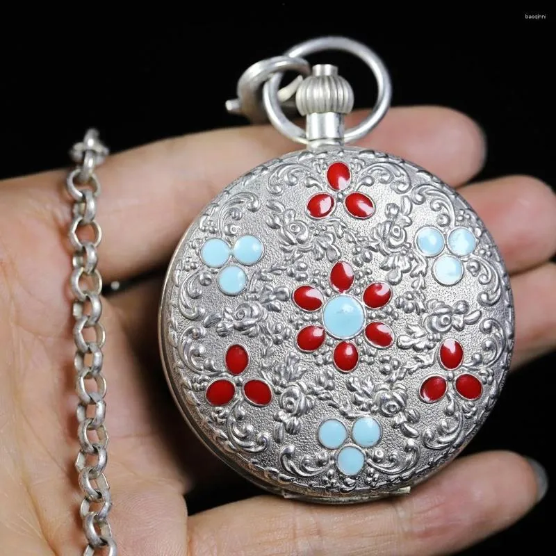 Table Clocks Cloisonne Enamel Silver Pocket Watch With Chain Double Opening Mechanical European Reflux Antique Collectables