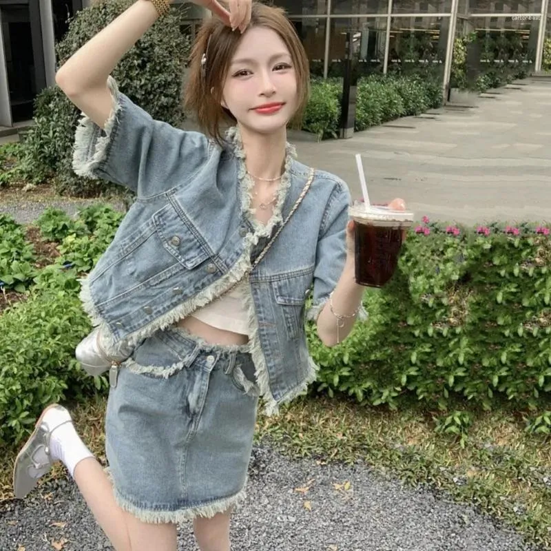 Werkjurken vintage gewassen bravs rok set mode streetwear korte mouw denim shirt dames hoge taille mini Jean tweedelige sets