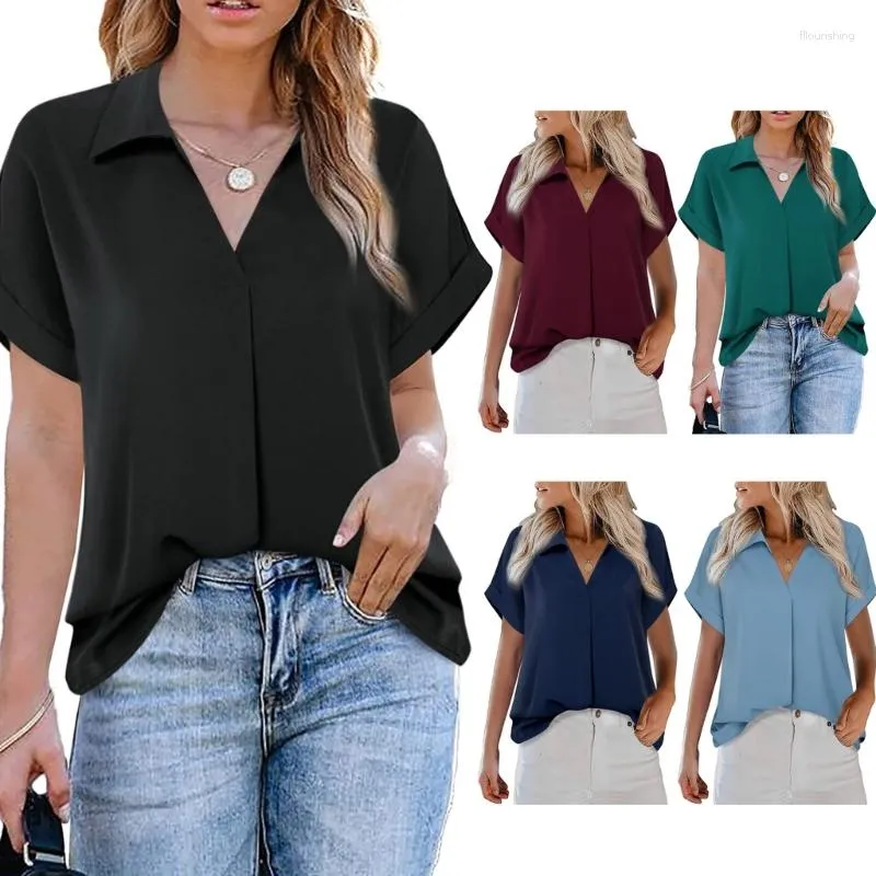 Kobiety dla kobiet Kobiety Summer Roll-up krótkie rękawy Bluzki Lapel z kołnierzem V-Neck plisowane z przodu swobodny tunik biznesowy Top Lose Work Shirt