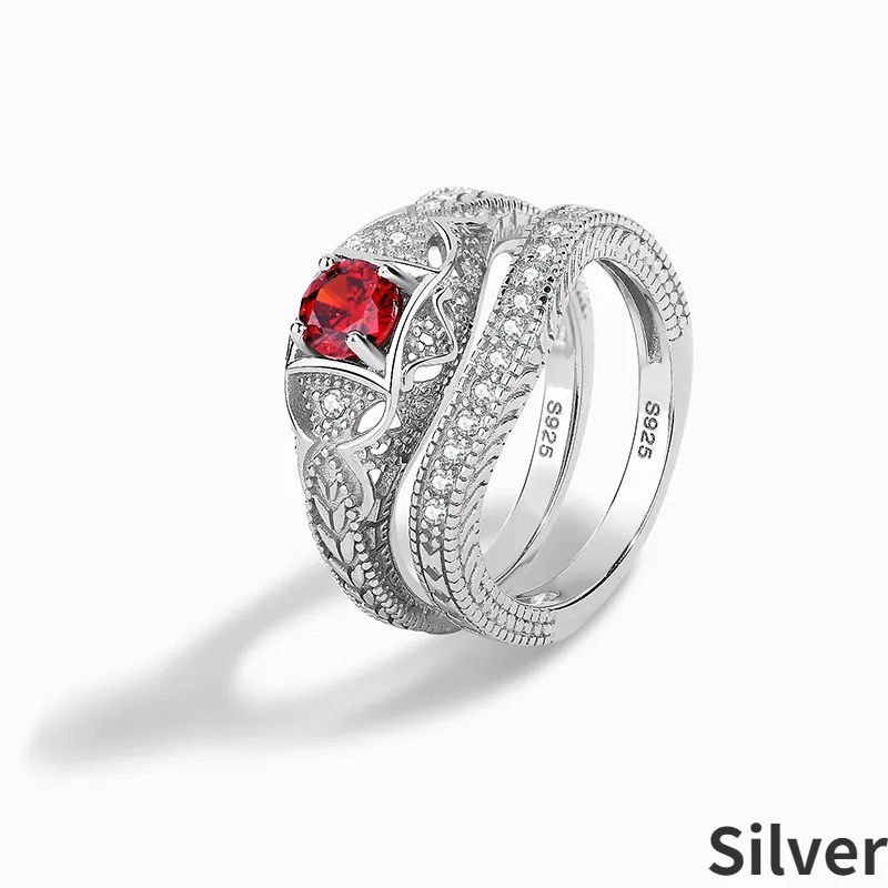 Sterling Silber S925 mittelgroßer Granat roter Stein runden Doppelringschmuck Hochwertige exquisite leichte Luxus -Frauenring
