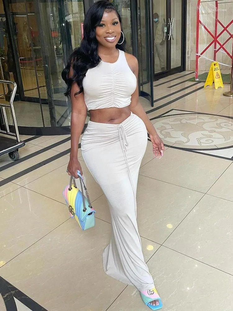 Work Dresses Sexy Drawstring Two Piece Black White Ruched Set Women For Party Bodycon Tank Crop Tops And Long Skirts Night Club Outfits Sets