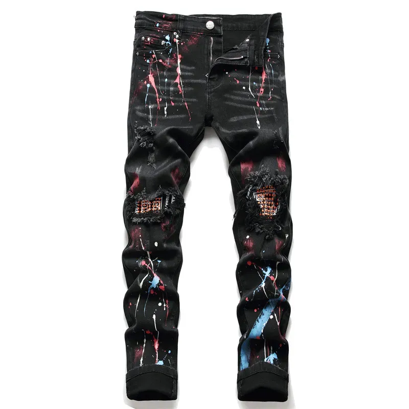 2023 New Designer Jeans Mens Fashion Black Painted Jean Womens Distressed Slim Fit Denim Pants Pinkwing-12 CXG2308145