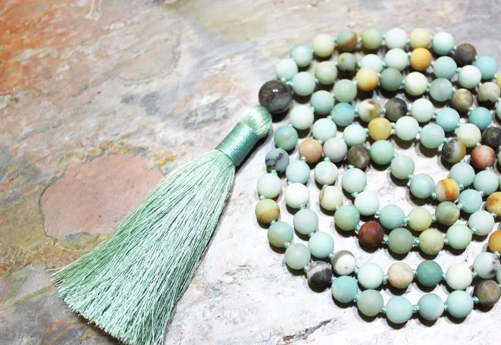 Colliers pendants 108 Collier de perle mala Nature Amazonite Hand Notted Tassel Yoga Prayer Chakra Banquancing Jewelry