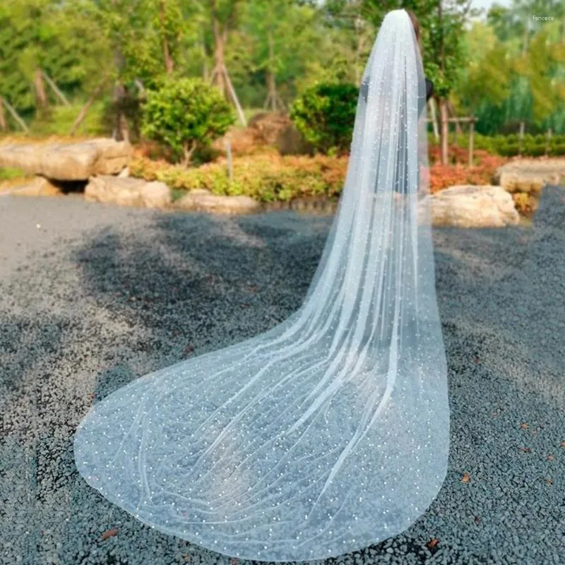 Brautschleier Perlen lange Hochzeit mit Kamm einschichtiger Schleierkathedrale