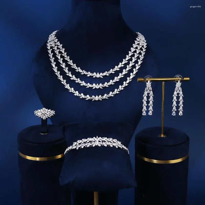 Necklace Earrings Set 10118 Luxuriously Shiny 3A Cubic Zircon Ramadan African Bride Dubai Wedding High Quality 4 PCS Jewelry