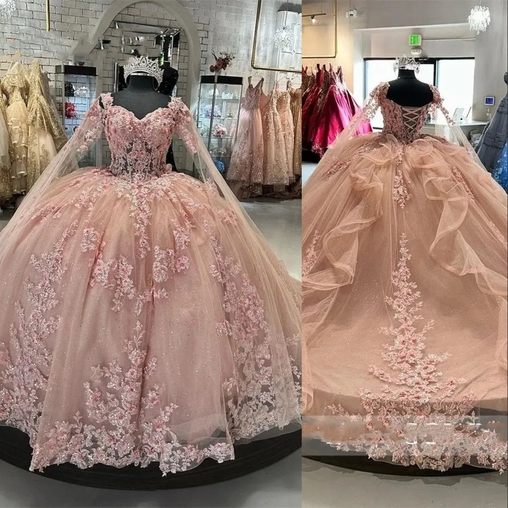 Abiti sexy per quinceanera blush appliques in pizzo rosa perle in cristallo perle a cuore maniche lunghe più size per abiti da ballo da ballo formali da ballo