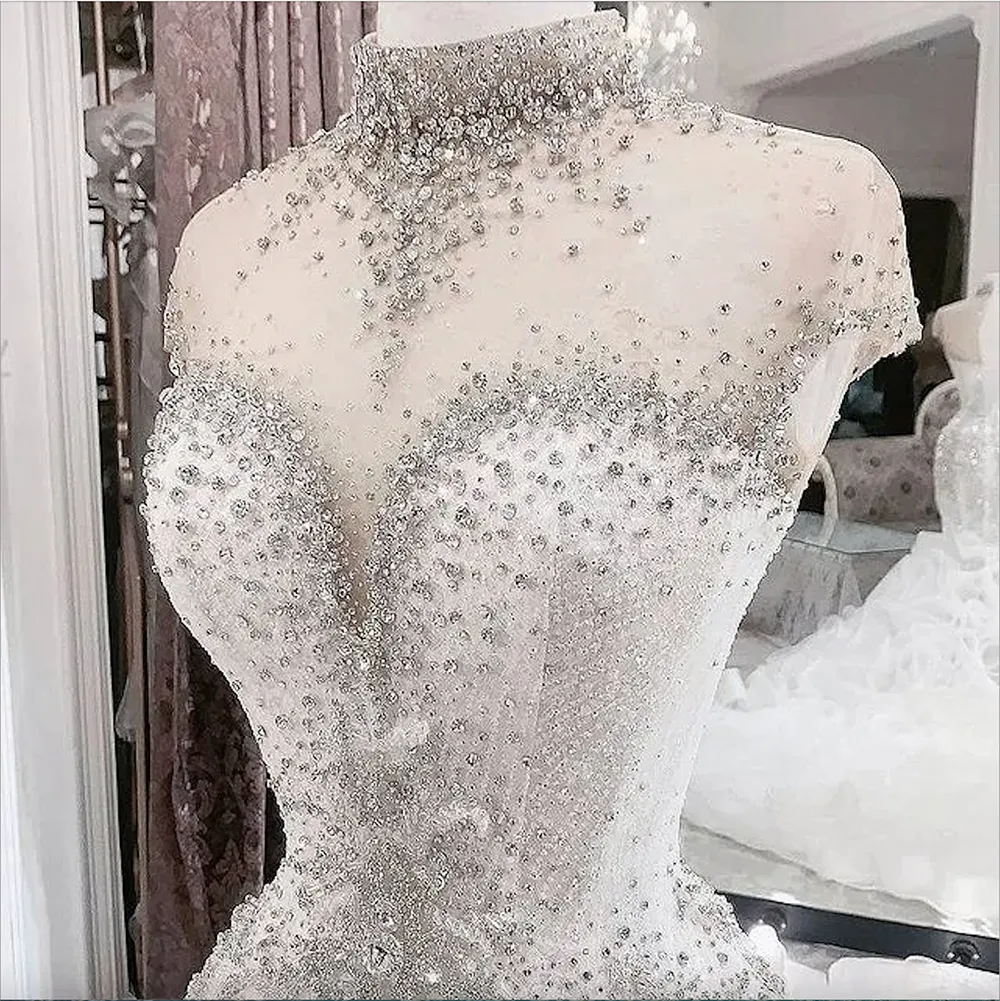 2023 Plus Size Arabic Aso Ebi Luxurious Beaded Crystals Wedding Dresses High Neck Mermaid Bridal Dresses Sheer Neck Wedding Gowns