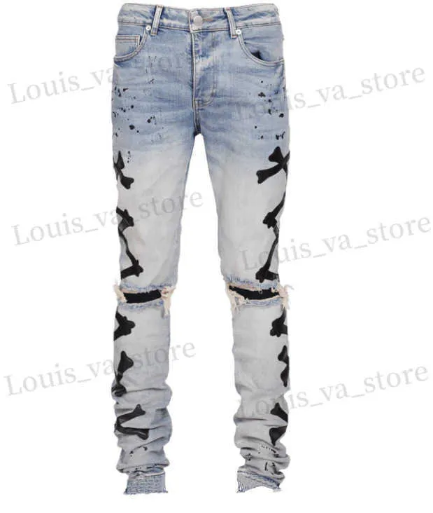 Jeans de jeans Padrão de retalhos de retalhos Jean Hombre Motocicleta Fall Streetwear rasgou Jean Noir Homme Zipper Pant For Men T230814