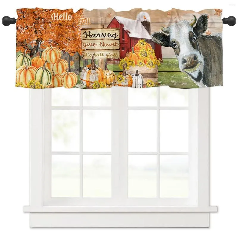 Curtain Thanksgiving Farm Autumn Pumpkin Barn Cow Short Curtains Kitchen Wine Cabinet Door Window Small Home Decor