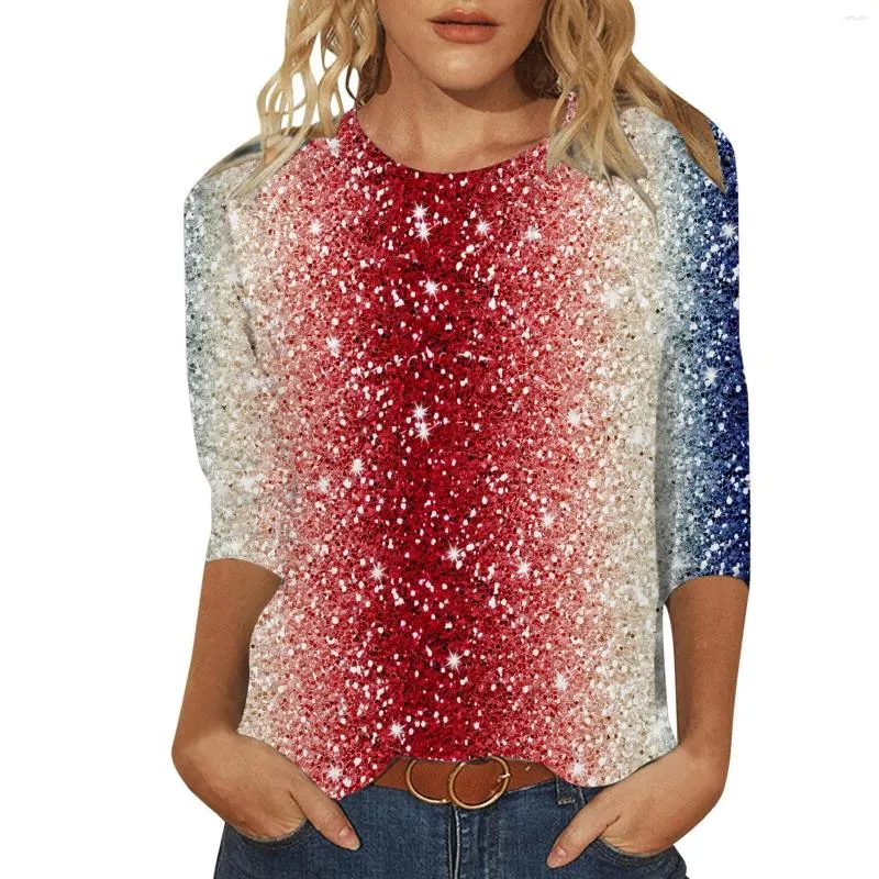 Blouses feminina Independence Day Blusa Summer Round Round Discurs Sete manga Camisa de bandeira americana Estrela estampa encantada com pacote ousactive Mulheres tops