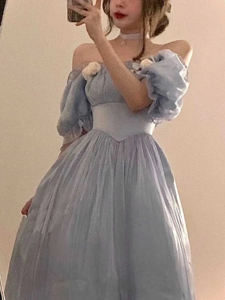 Frankreich Vintage Eleganter Dreset Herbst Winter Blue Retro Abendparty Midi Kleider Süße koreanische Prinzessin Fairy Kleid 2022 230808