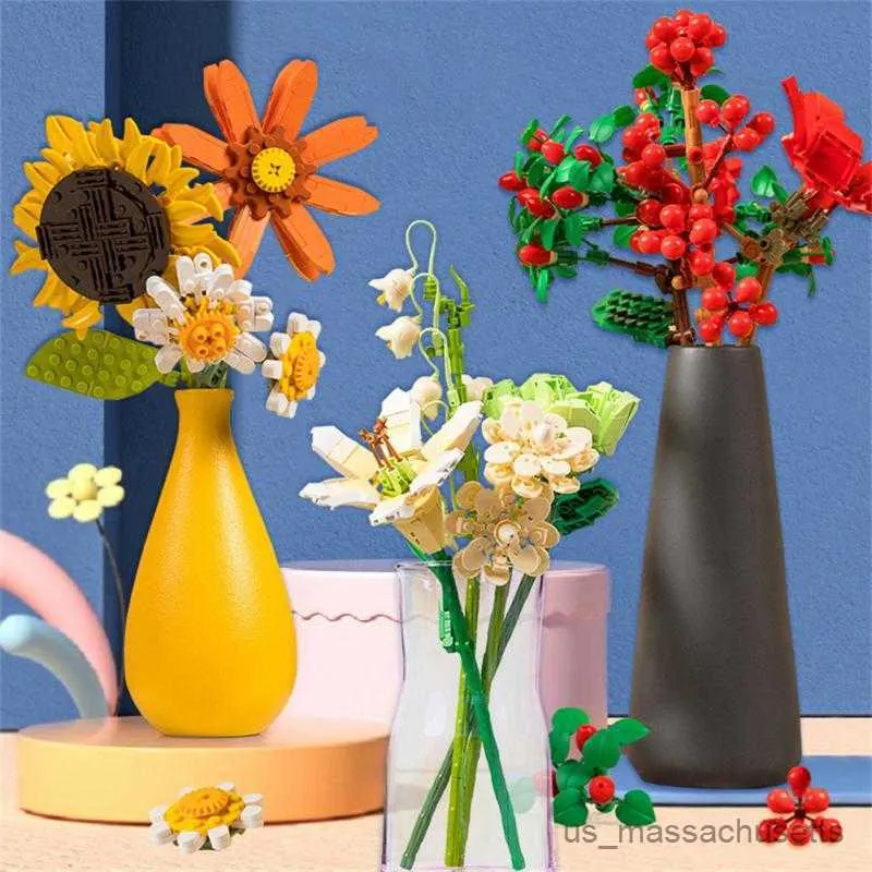 Blocks Building Block Bouquet 3D Model Toy Home Decoration Plant Potted Chrysanthemum Rose Flower Assembly Brick Girl Toy Child Gift R230814