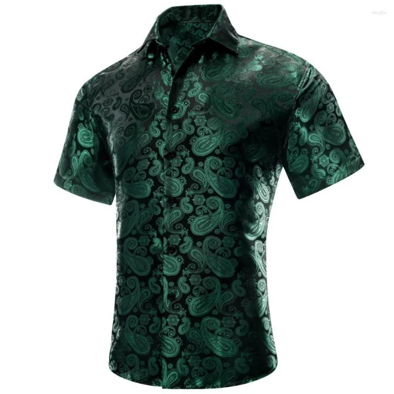 Chemises décontractées pour hommes Hi-Tie Black Green Silk Sleeves courtes Menties Spring Summer Hawaii Jacquard Paisley Shirt Blouse Blouse Malou Mouding Office xxxl