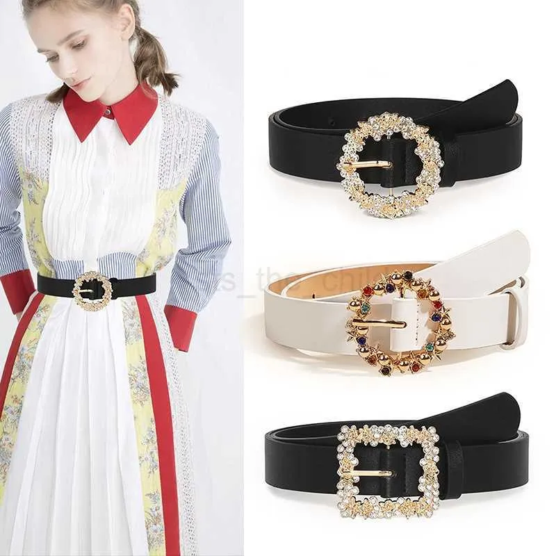 Bälten Fashion Belt Female Rhinestone Round Buckle Square Buckle Luxury Belt med tröja kostym Coat Dekorativa PU -bälten för kvinnor