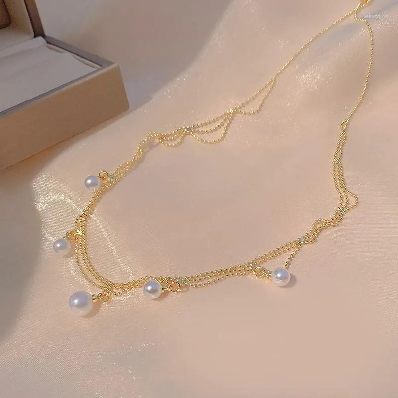 Łańcuchy Lovelink ins w stylu koreański biały okrągły naszyjnik perłowy dla kobiet podwójnie warstwowy metalowy brzęczenie krótkie dziewczyny Dziewczyny codzienne akcesorium