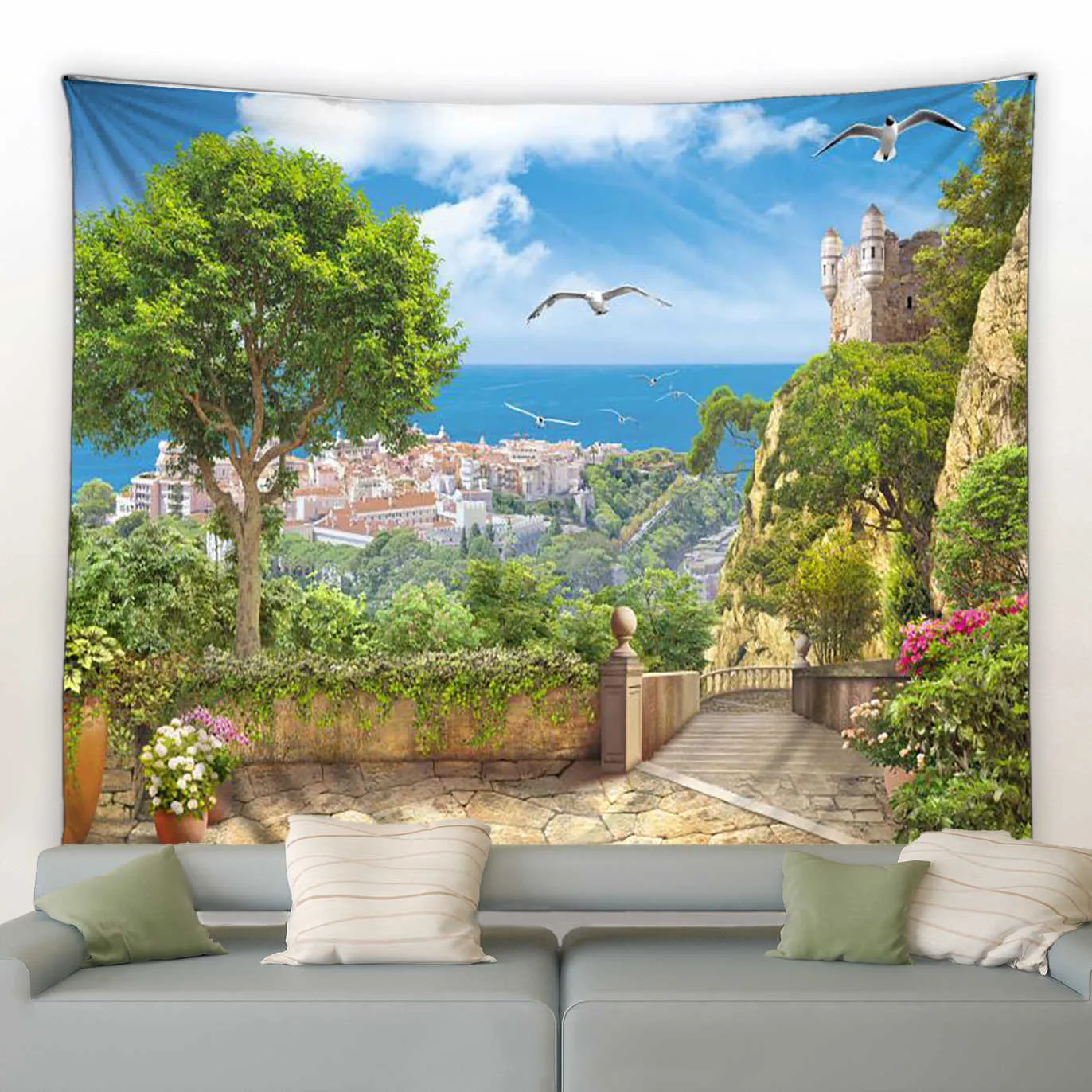 Tapisseries Style européen Bord de mer Ville Fleur Tapisserie Rétro Architecture Italienne Plante Paysage Tenture Murale Salon Jardin Décor Tissu