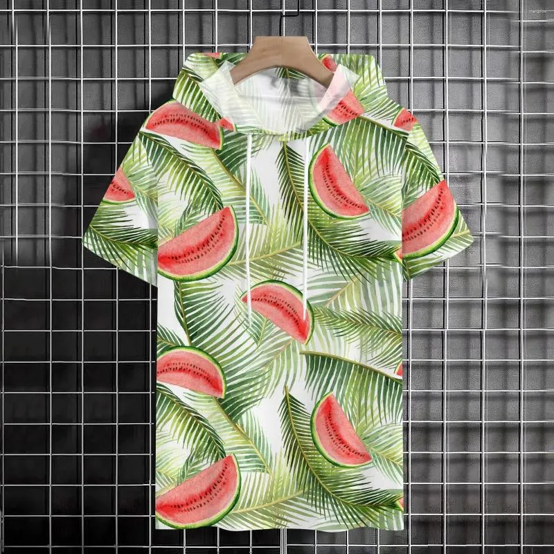 Men's Hoodies Hawaiian Short Sleeve Watermelon Print Oversize Sweetshirts Drawstring Vacation Hooded Sweatshirt Autumn Clothing