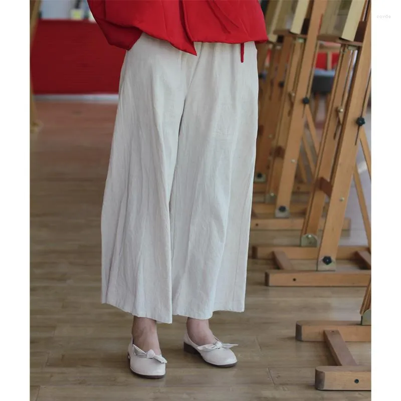 Kobiety spodni kobiety jesienne stałe kolor elastyczny talia szeroka noga panie vintage bawełniane lniane spodnie Kobieta 2023
