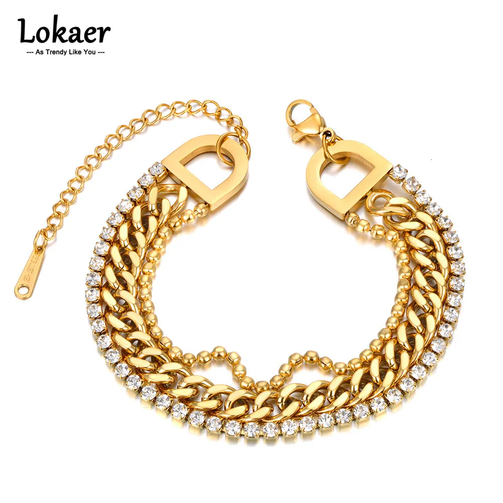 Bracelets Charm Lokaer Tres capas Zirconia Cabronia de acero inoxidable brazalete de brazalete para mujeres Joyas chapadas en oro sin desvanecimiento alérgico B23082 230814