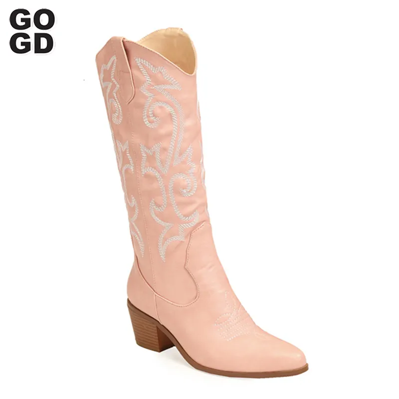 Сапоги Gogd Женские белые коленные сапоги Western Cowboy Boots Широкие вышитые теленки заостренные носки для блок-каблуки на каблуках на каблуках 230812