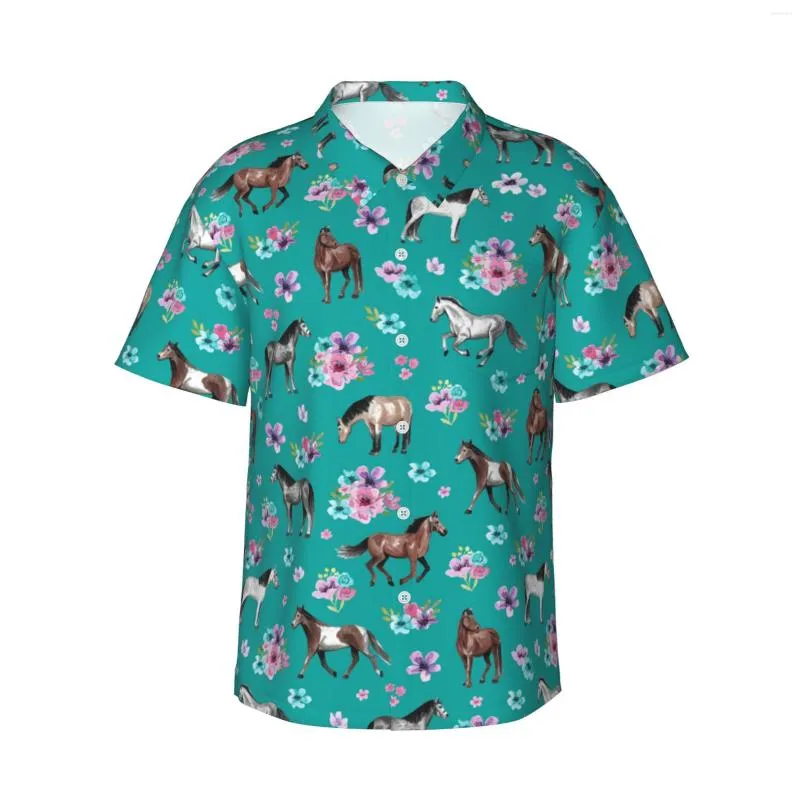 Chemises décontractées pour hommes Horse Flower Match Mens Hawaiian Sleeve Bouton Down Down Place Tropical Floral