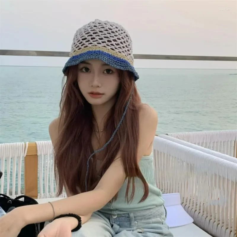 Japanese Niche Crochet Straw Bucket Hat Hollow Woven Straw Cap Concave
