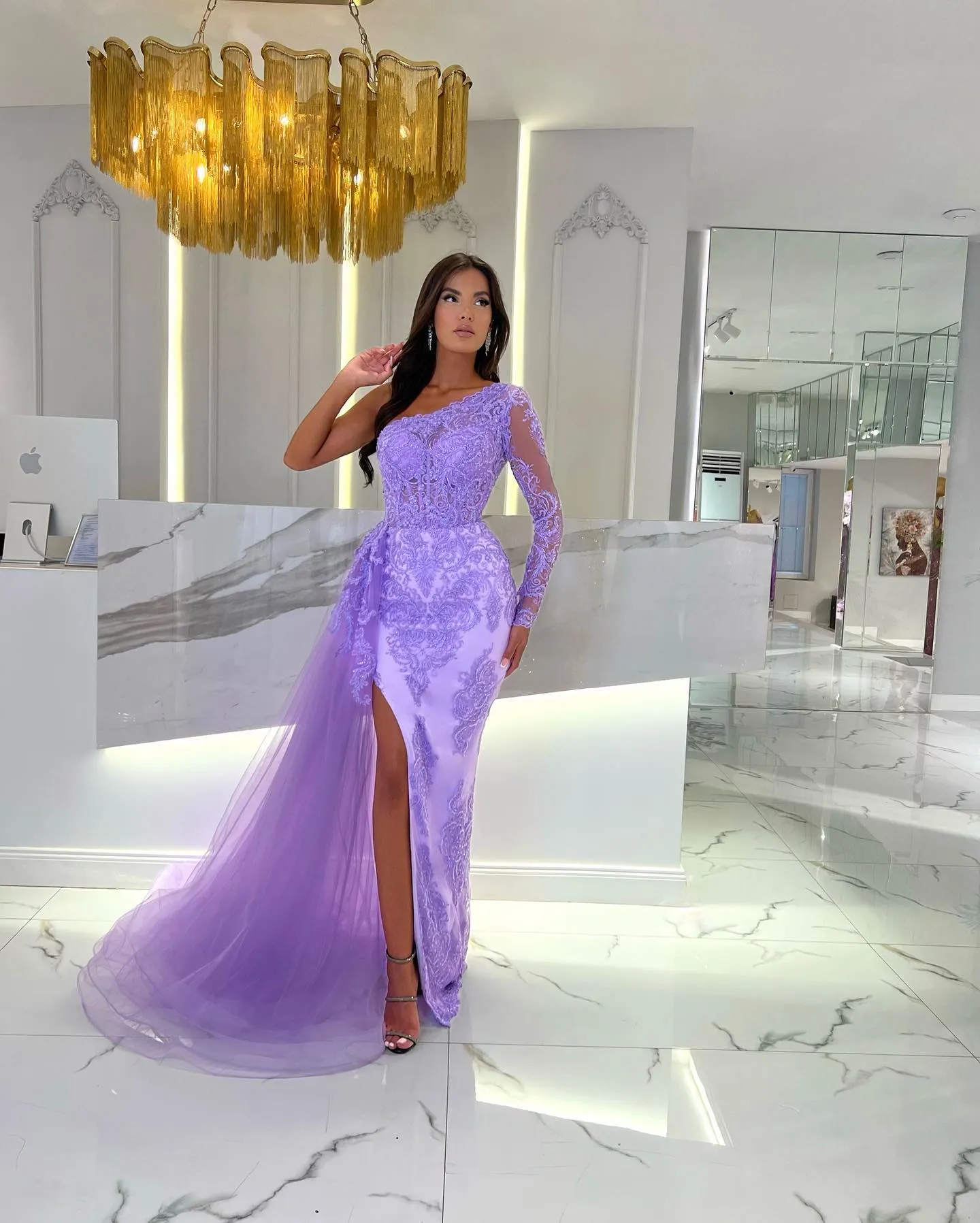 Elegant Lavender Mermaid Evening Dress One Shoulder Lace Long Split Skirt  Gown for Prom from Dhgate Evening Dresses - price 341.27