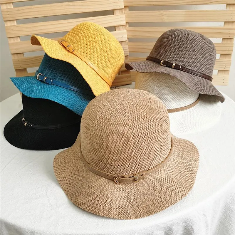 Berets Korean Fashion Linen Dome Fisherman Bucket Hat z PU Pasek Dekoracja Słońca Słoneczne Letnie Kapelusze plażowe dla kobiet