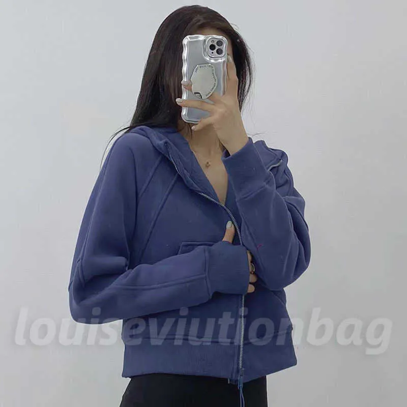 2023 LU-98 Frauen gebürstet Full Reißverschluss Hoodie Jacke Sportswear Yoga Outfits Kapuze-Trainingstrecke Laufmantel mit Taschen Outdoor Fleeces Daumenlöcher