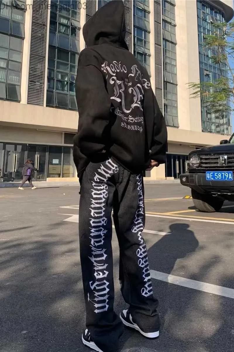 Men's Pants Vibe American Embroidery Letter Hip Hop Break Straight Leg Jeans Men's Fashion Loose Street Pantalon Wear 2023 Z230815